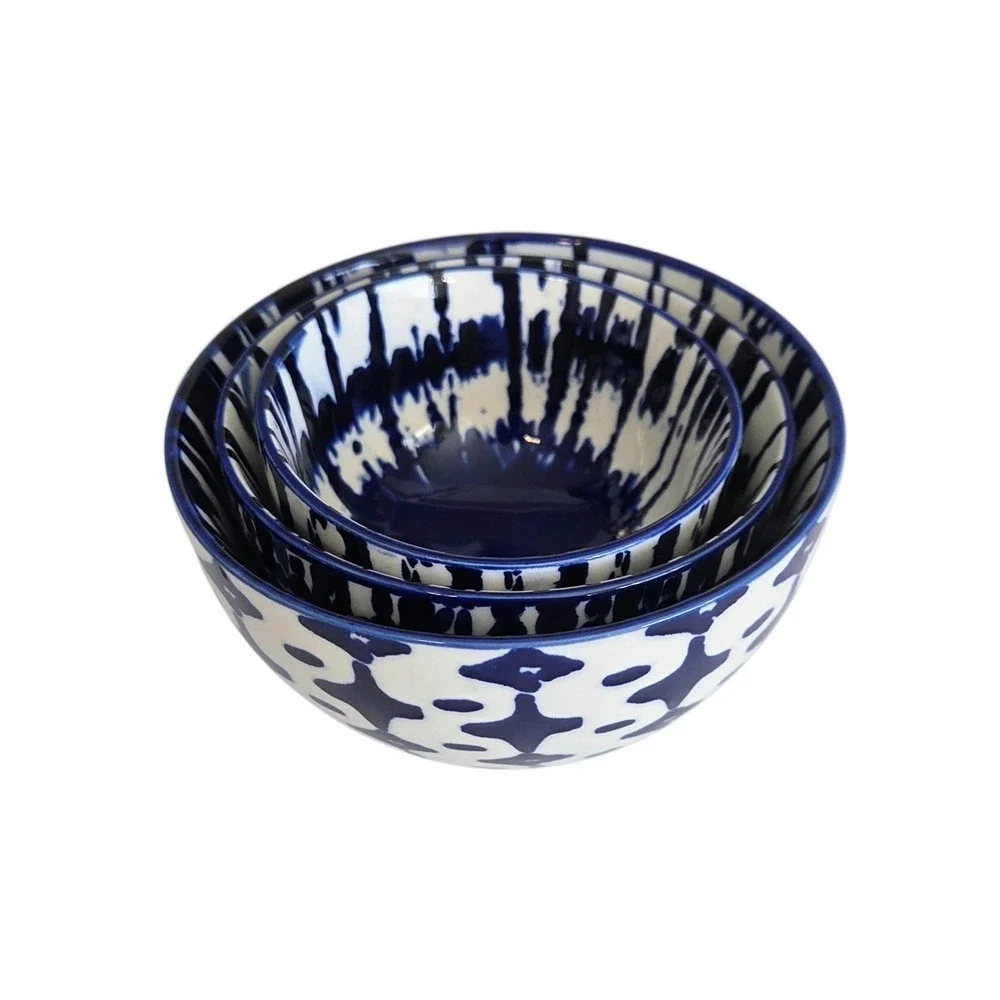 West Elm Indigo Tie Dye‎ Nesting Bowls Set of 3 Cobalt Blue & White Bowl Dish